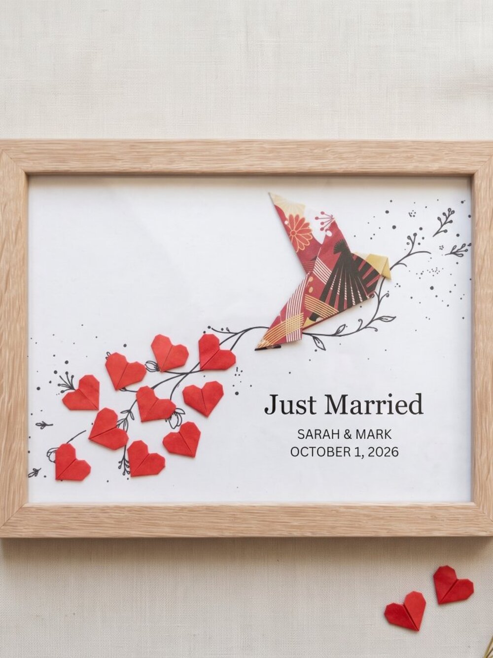 Personalized Just Married Origami Bird. Wedding Gift for Couples. Handmade